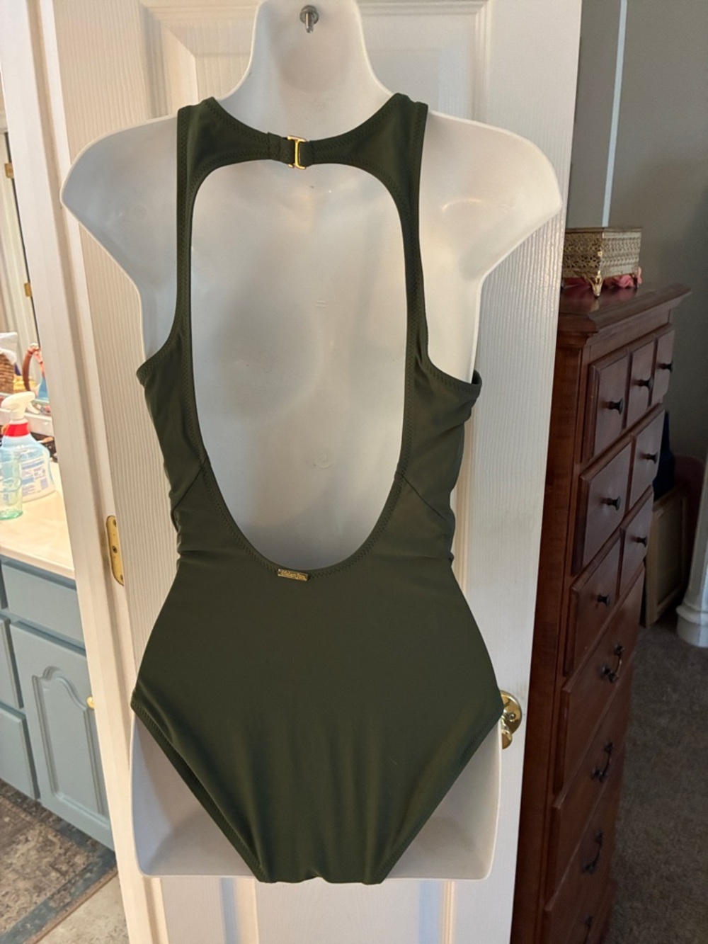 Helen Jon Olive Green One-Piece Swimsuit with Gold Logo No Padding SZ S - Picture 3 of 7
